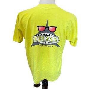 Vintage 90s Cruzan West Palm Beach Shark Neon Yellow T-Shirt Single Stitch
